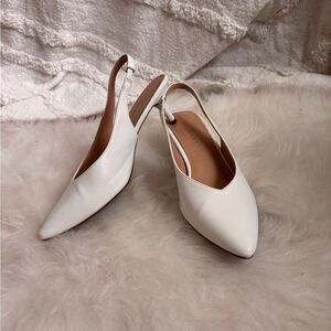 White Pointed Toe Slingback Kitten Heels